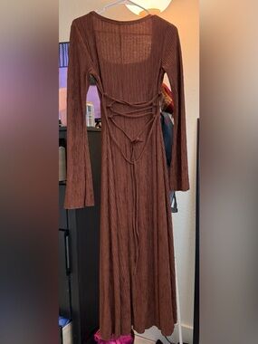 Brown Long Sleeve Ribbed Maxi Dress with Tie Details